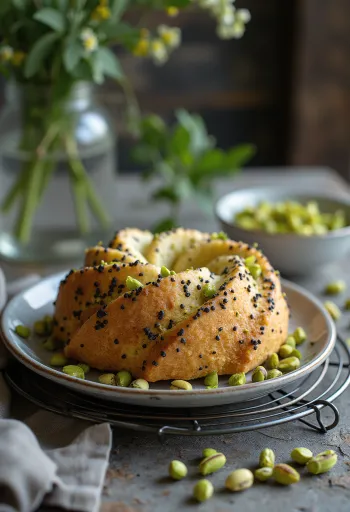 Pastel de amapola y pistacho servido