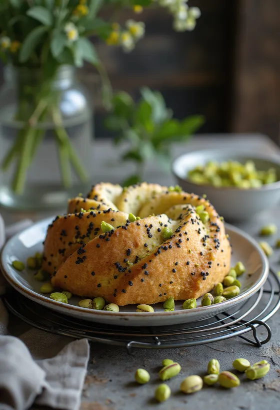 Pastel de amapola y pistacho servido