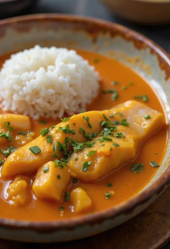 Vatapá de pescado con aceite de dendé, plato decorado con cilantro fresco