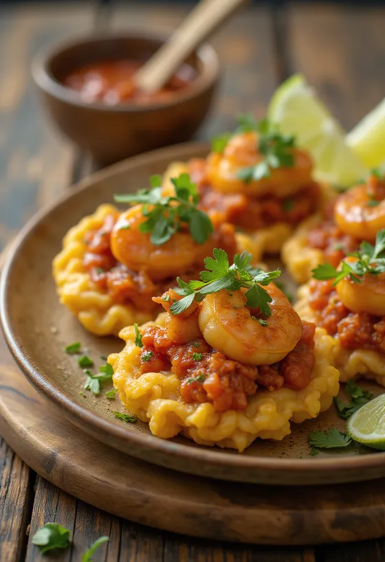Acarajé con gambas y judías negras, servido como buñuelos dorados fritos