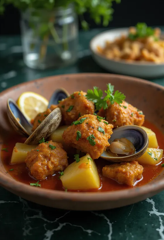 Carne de porco à alentejana plato portugués servido