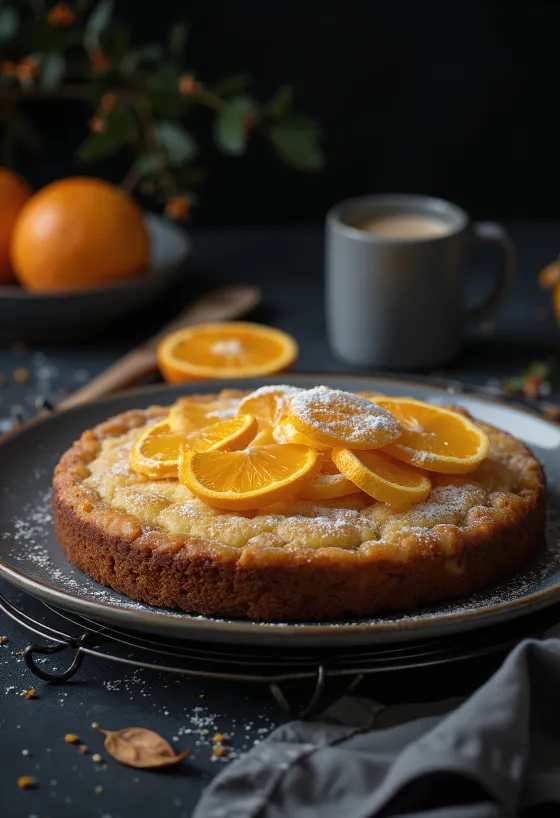 Bizcocho especiado de naranja servido con azúcar glas y piel de naranja