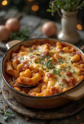Pastel de pasta con carne picada jugosa y queso fundido por encima