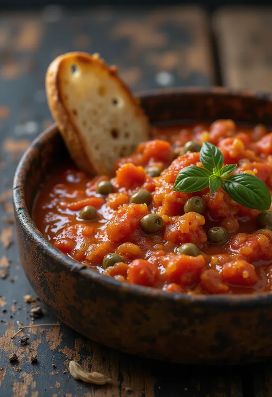 Salsa de tomate con jengibre y alcaparras servida