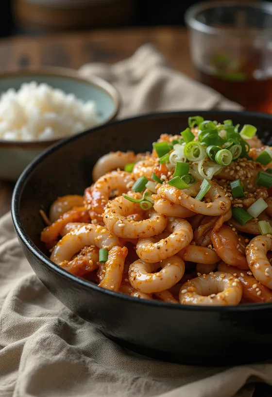 Osam-Bulgogi, un plato especiado de calamar y cerdo, con cebolleta fresca