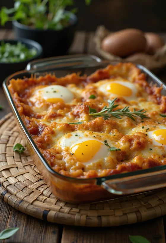 Parmigiana de berenjena empanada con salsa de tomate y quesos