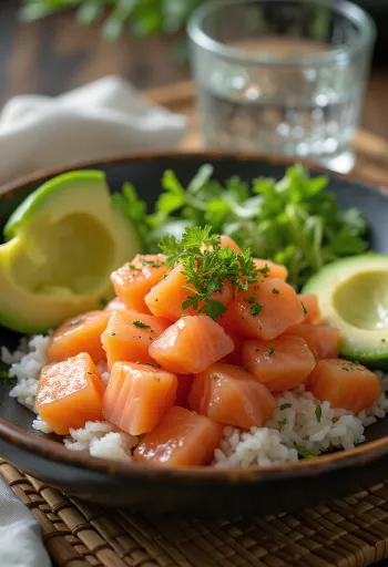 Poké de salmón con verduras frescas sobre cama de arroz, decorado con cilantro y lima.