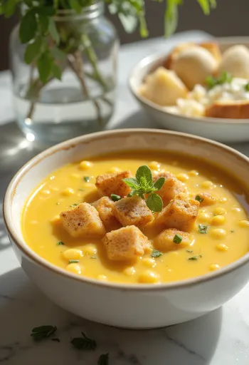 Sopa de guisantes amarillos servida con salchicha ahumada y perejil fresco