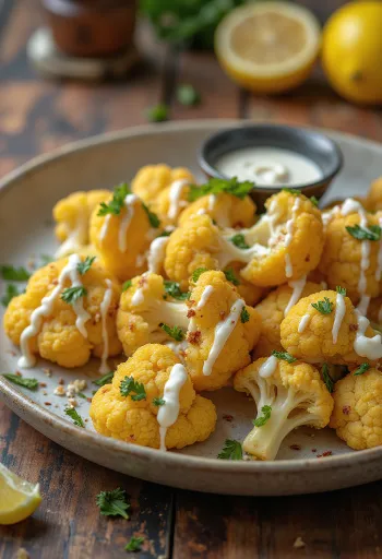 Coliflor asada con salsa de tahini al limón servida