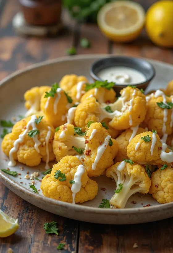 Coliflor asada con salsa de tahini al limón servida