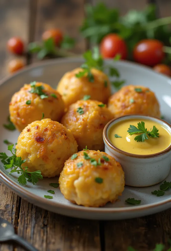 Acarajé con salsa de mostaza, bolas de judías negras con dip de mostaza y cilantro