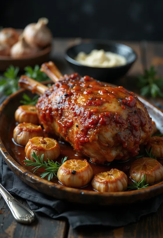 Cordero asado con ajvar y perejil fresco y patatas asadas