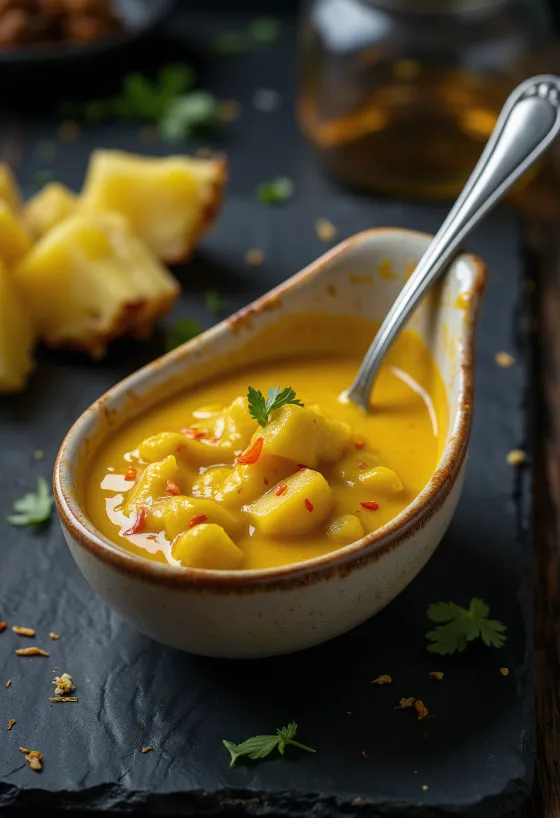 Salsa de curry y piña servida