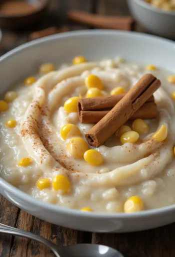 Canjica con canela, en un bol, decorada con nata y canela, servida caliente.