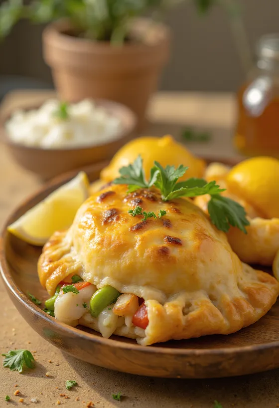 Empanada chilena de pescado, rellena de pescado al vino blanco, masa dorada