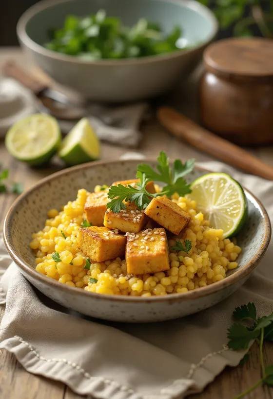 Bowl de quinoa y curry con tofu a la lima