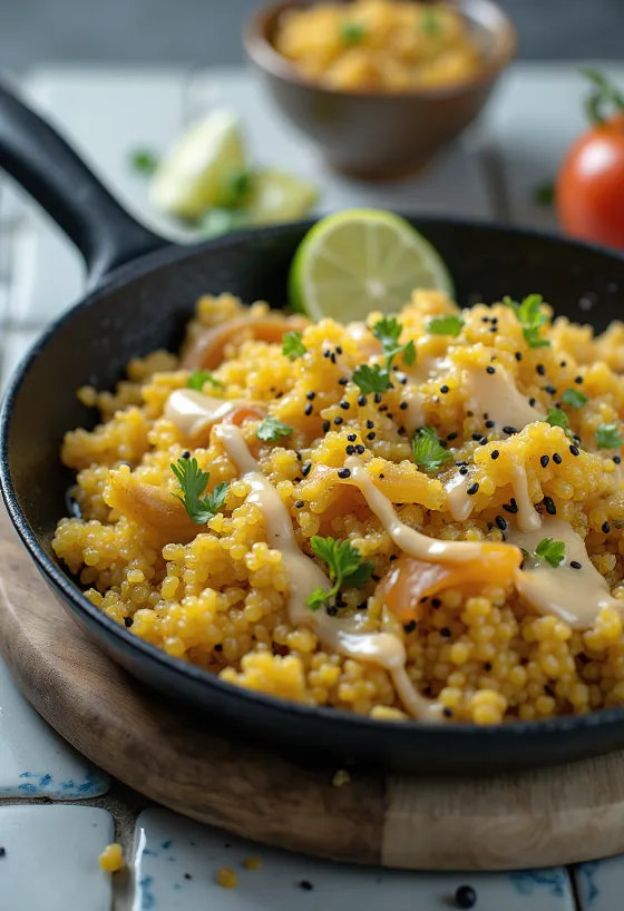 Wok de quinoa al ajillo con tahini y curry servido