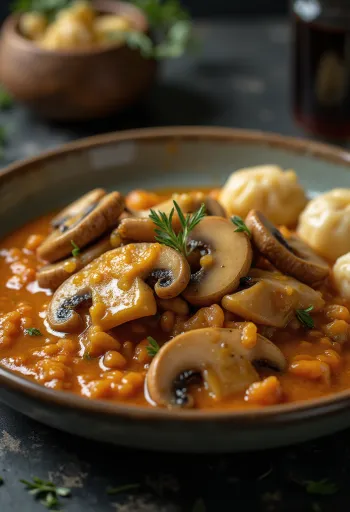 Paprikash de champiñones cremoso con perejil fresco y ñoquis