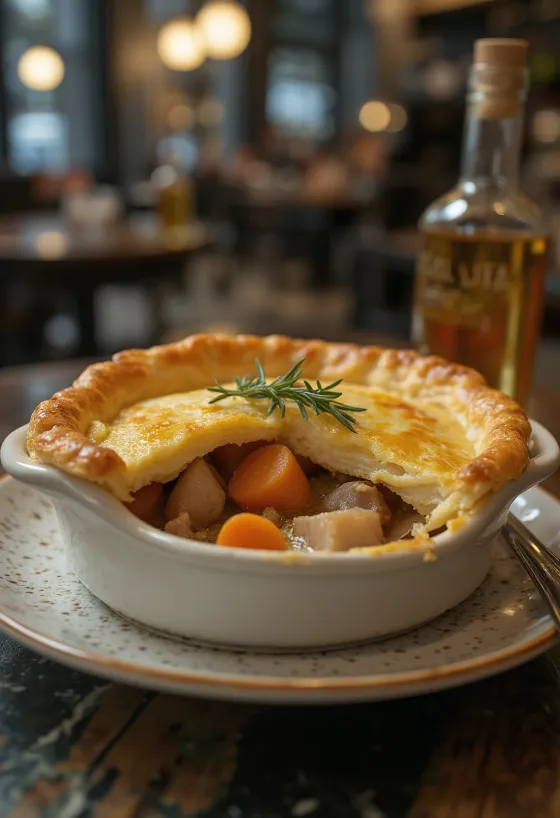Pastel de conejo con hortalizas de raíz servido con ensalada fresca.