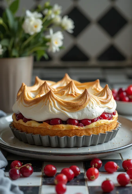 Tarta de merengue y grosellas servida