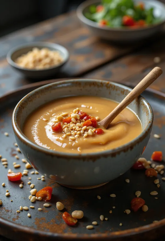 Salsa de cacahuete y sésamo servida con rollitos de primavera