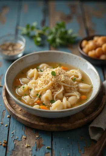 Sujebi con Sésamo, sopa de pasta coreana con puerro y sésamo tostado