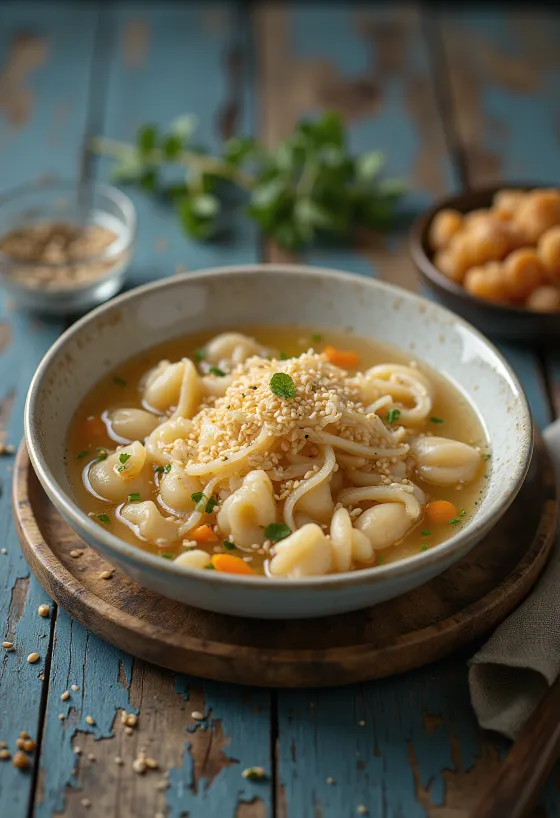Sujebi con Sésamo, sopa de pasta coreana con puerro y sésamo tostado