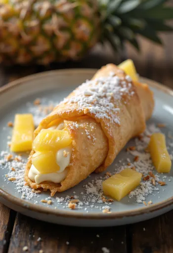 Postre de cannoli de piña y coco servido