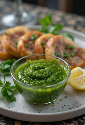 Salsa chimichurri servida con carnes a la parrilla
