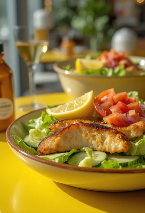 Ensalada de pollo fresca con verduras crujientes y pechuga a la parrilla, aderezo balsámico