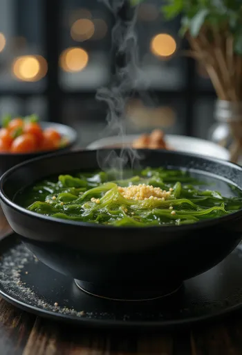 Miyeokguk de ajo, servida fresca, con huevo y algas marinas