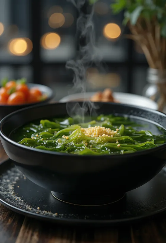Miyeokguk de ajo, servida fresca, con huevo y algas marinas