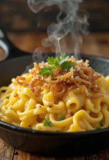 Käsespätzle, pasta con queso austriaca con jamón ahumado y cebolla frita