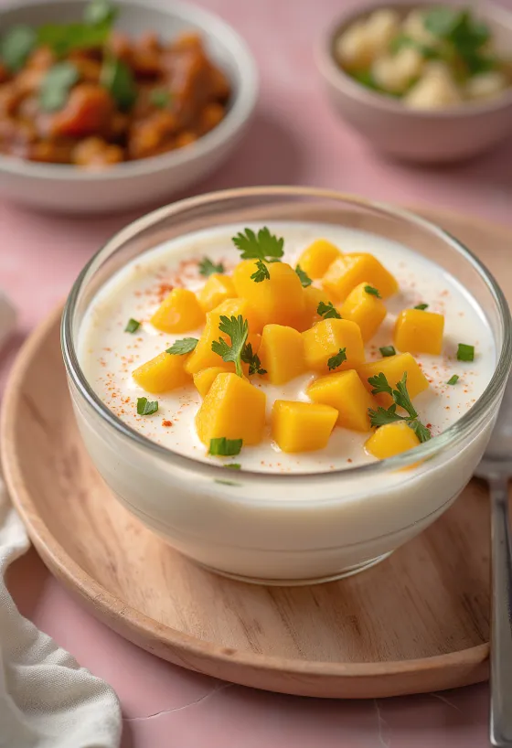 Raita de mango fresco servido en un bol con hojas de menta