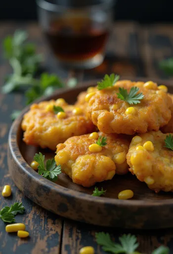 Pakora con maíz, bocados dorados y crujientes servidos