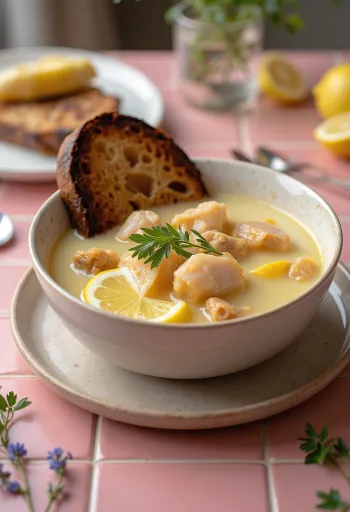 Psarosoupa servida con pan integral, rica sopa de pescado con aceite de oliva fresco y zumo de limón