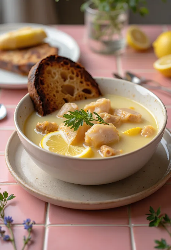 Psarosoupa servida con pan integral, rica sopa de pescado con aceite de oliva fresco y zumo de limón