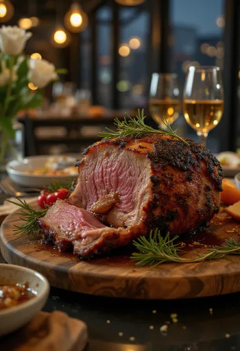 Jabalí asado con glaseado de miel servido con verduras asadas.