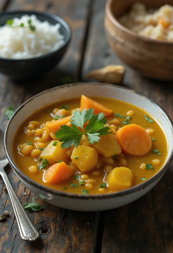 Sambar de coco decorado con cilantro fresco