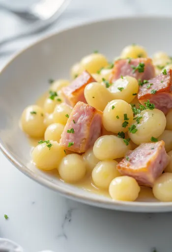 Ñoquis con salsa de jamón y nata servidos