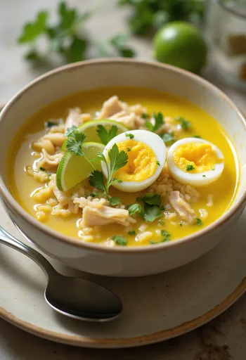 Soto ayam con lima, servido con lima fresca y huevo cocido