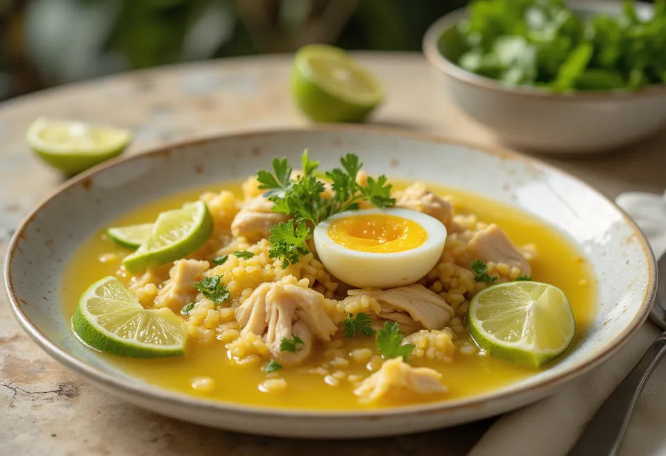 Soto ayam con lima, servido con lima fresca y huevo cocido