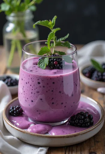 Smoothie de moras y menta en vaso, decorado con menta fresca y moras