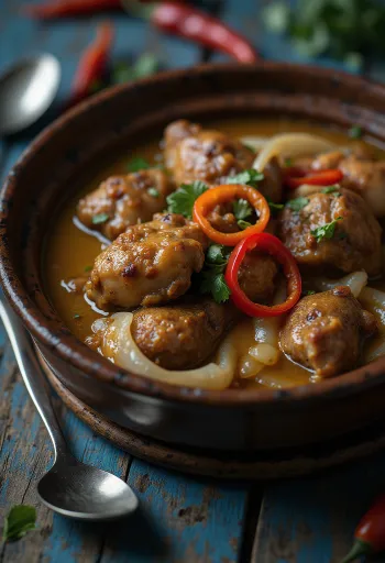 Adobo con leche de coco, plato rico y especiado servido con arroz y cilantro