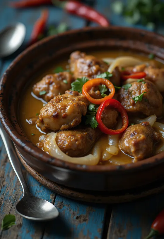 Adobo con leche de coco, plato rico y especiado servido con arroz y cilantro