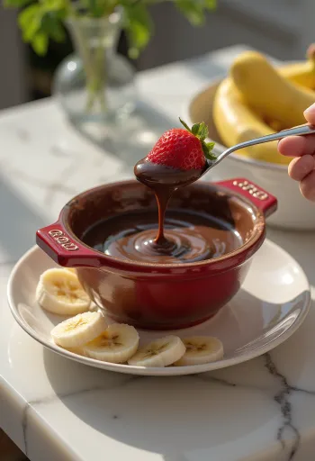 Fondue de chocolate caliente servida con frutas y trozos de bizcocho