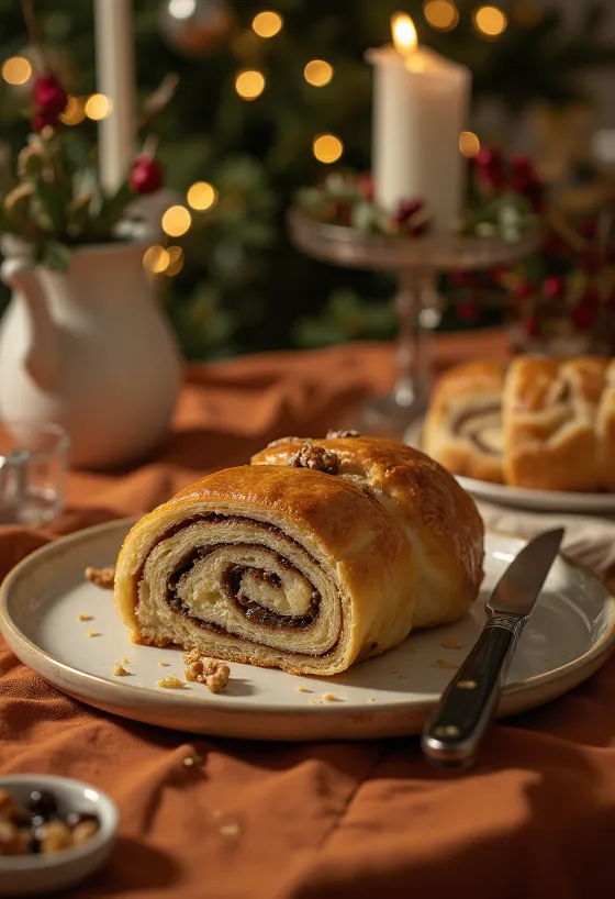 Rodajas de bejgli de nueces recién horneado.