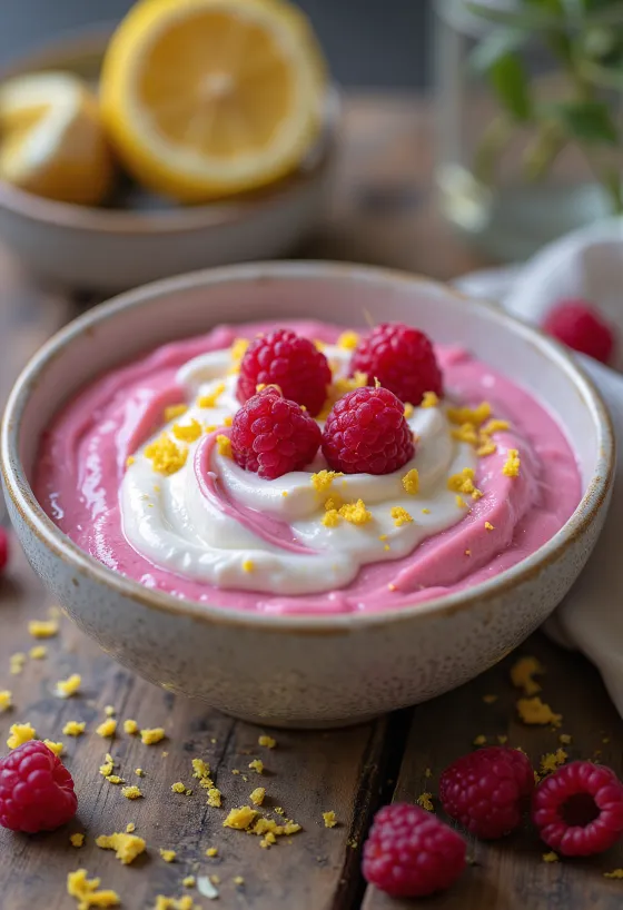 Bebida de yogur frambuesa-limón en vaso, textura cremosa rosa, espolvoreada con ralladura de limón