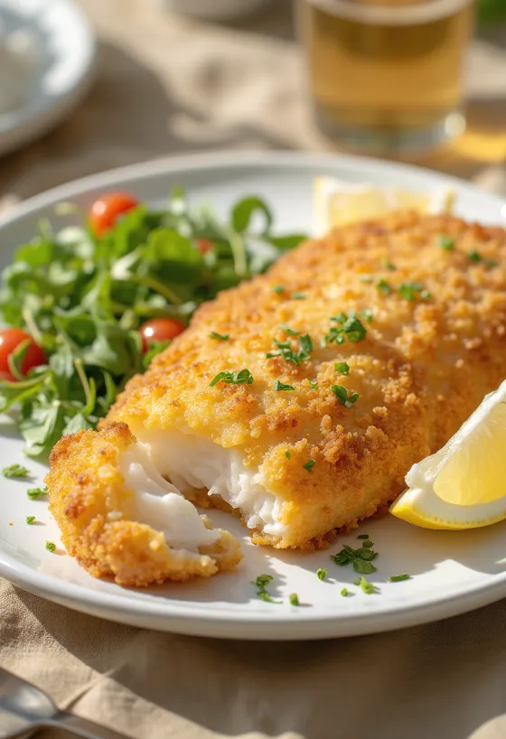 Filete de pescado empanado crujiente dorado, servido con rodajas de limón y verduras.
