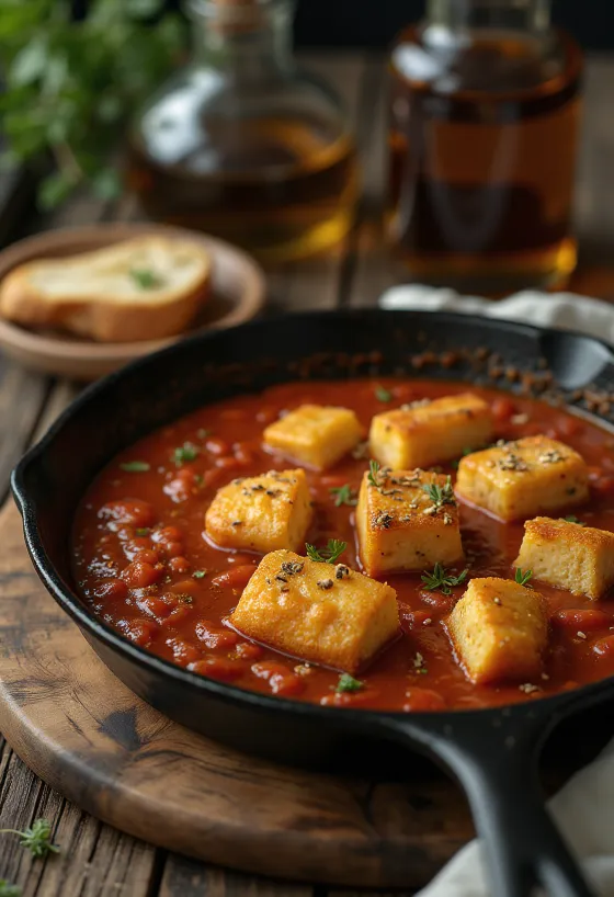 Tofu asado con salsa de tomate especiada servido